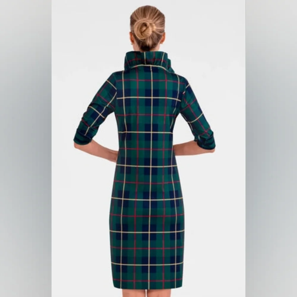 Gretchen Scott Designs Jersey Ruffneck Dress Plaidly Cooper NWT Sz S - Picture 2 of 5
